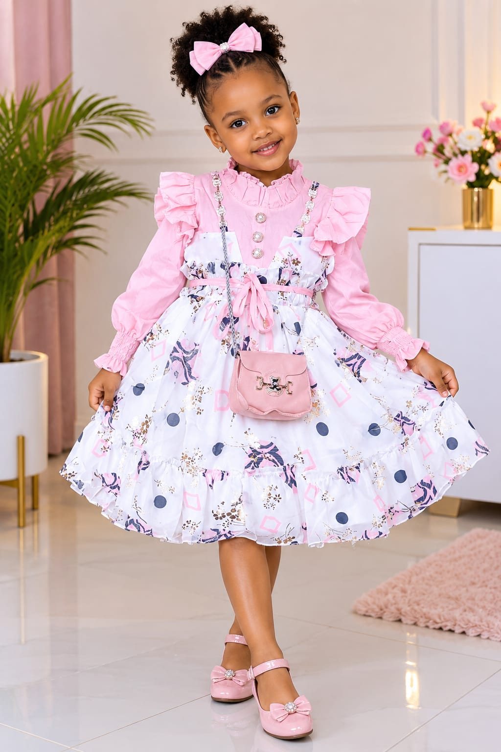 Girls' Ruffle-Sleeve Floral Party Dress (Pink / Sky Blue)