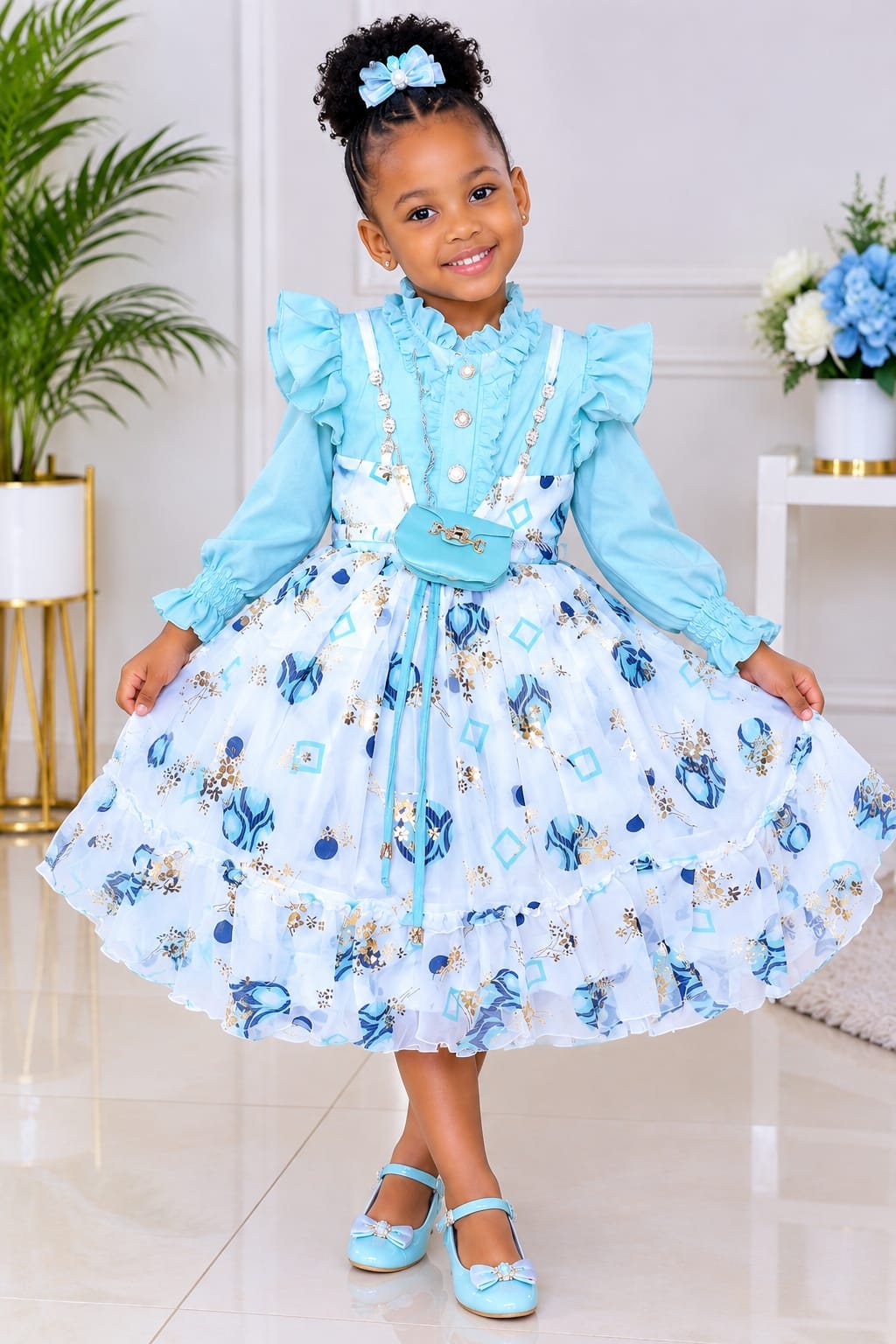 Girls' Ruffle-Sleeve Floral Party Dress (Pink / Sky Blue)