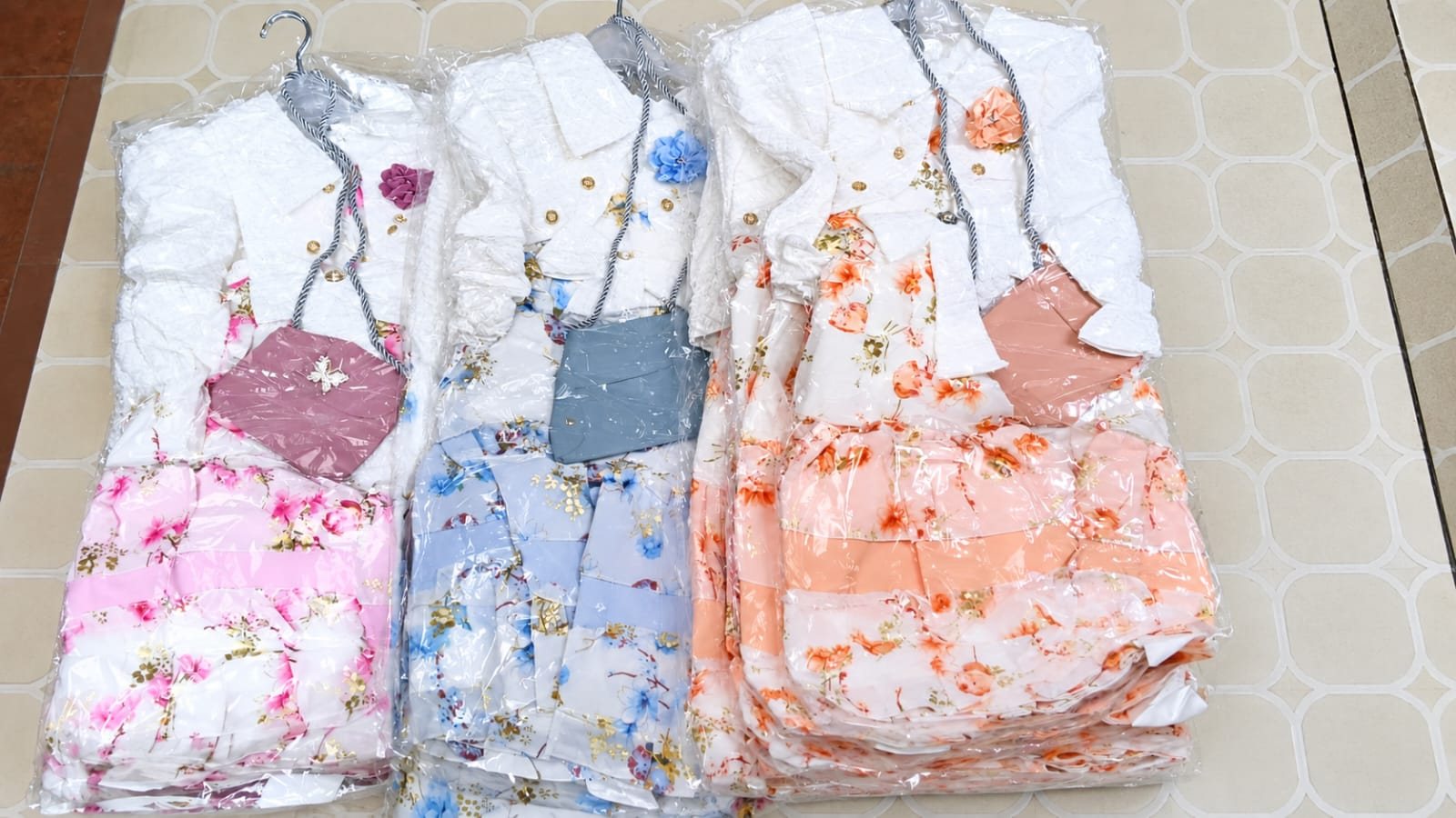 Girls' Tiered Floral Dress with White Jacket & Mini Bag (Pink / Blue / Peach)