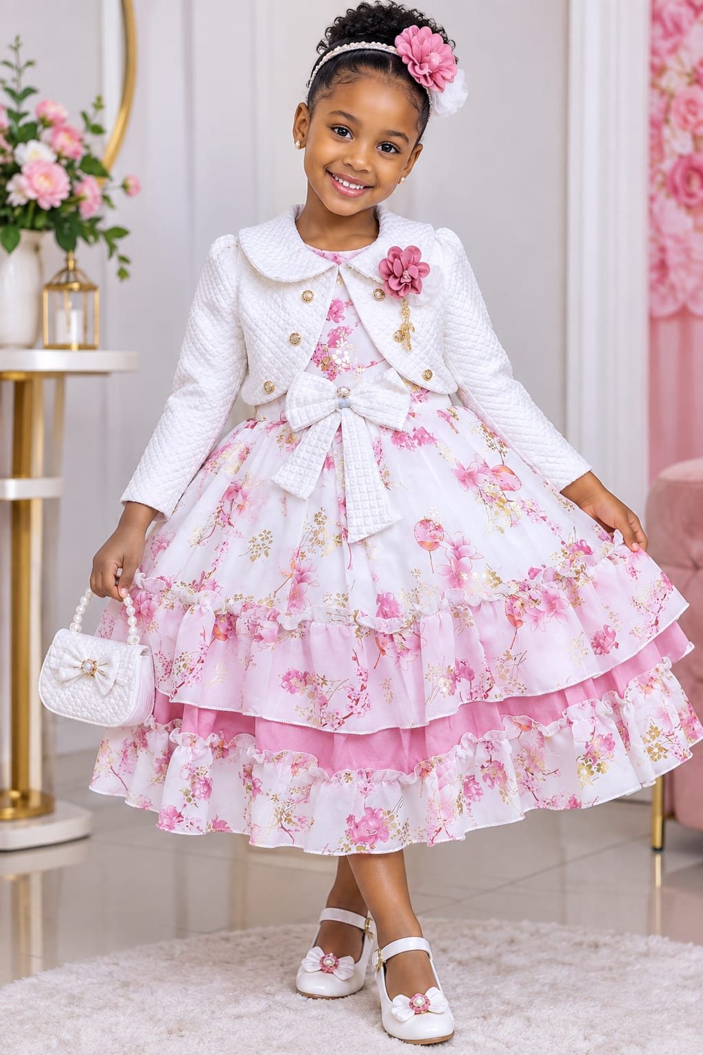 Girls' Tiered Floral Dress with White Jacket & Mini Bag (Pink / Blue / Peach)
