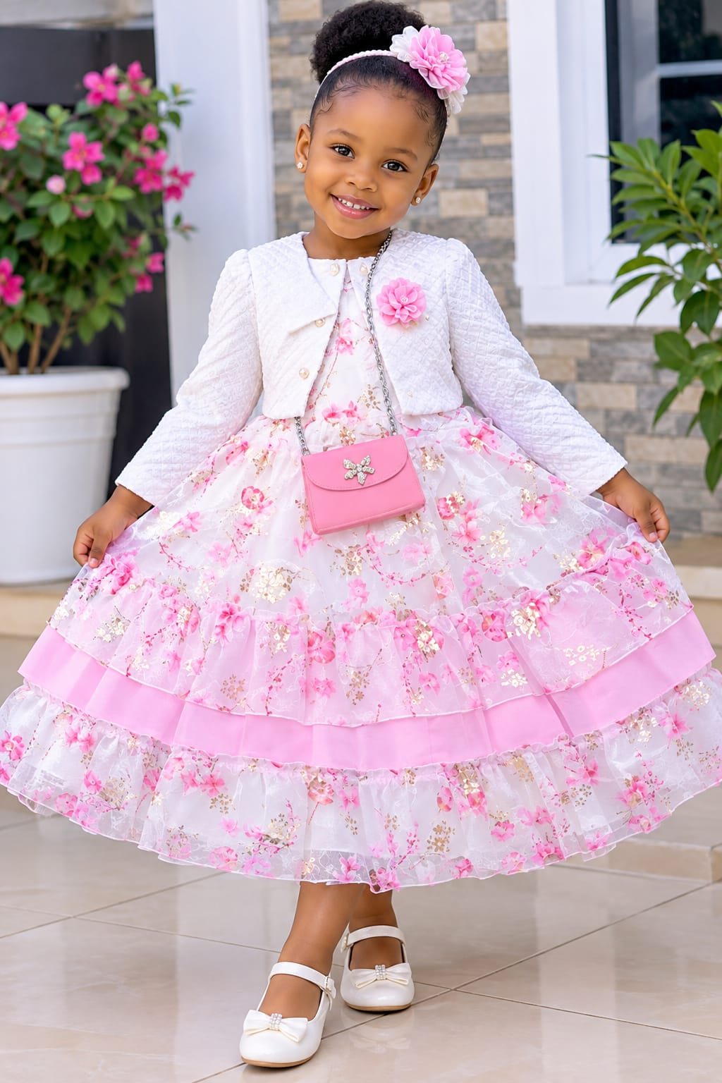 Girls' Tiered Floral Dress with White Jacket & Mini Bag (Pink / Blue / Peach)