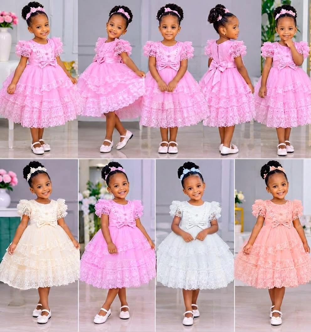 Girls' Tiered Lace Net Dress with Frilled Sleeves, Size 60–90 (4 Colours)