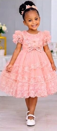 Girls' Tiered Lace Net Dress with Frilled Sleeves, Size 60–90 (4 Colours)