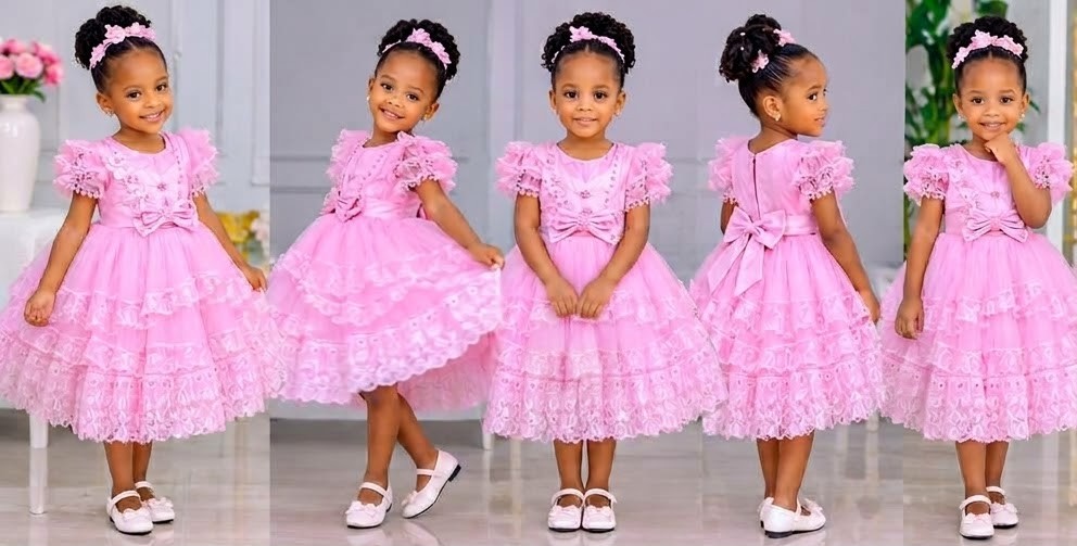 Girls' Tiered Lace Net Dress with Frilled Sleeves, Size 60–90 (4 Colours)