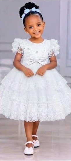 Girls' Tiered Lace Net Dress with Frilled Sleeves, Size 60–90 (4 Colours)