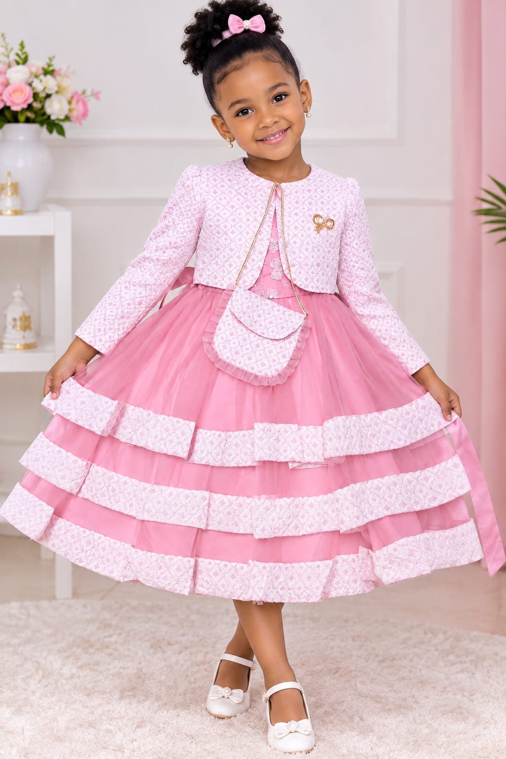 Girls' Tiered Tulle Party Dress with Matching Jacket (5 Colours)