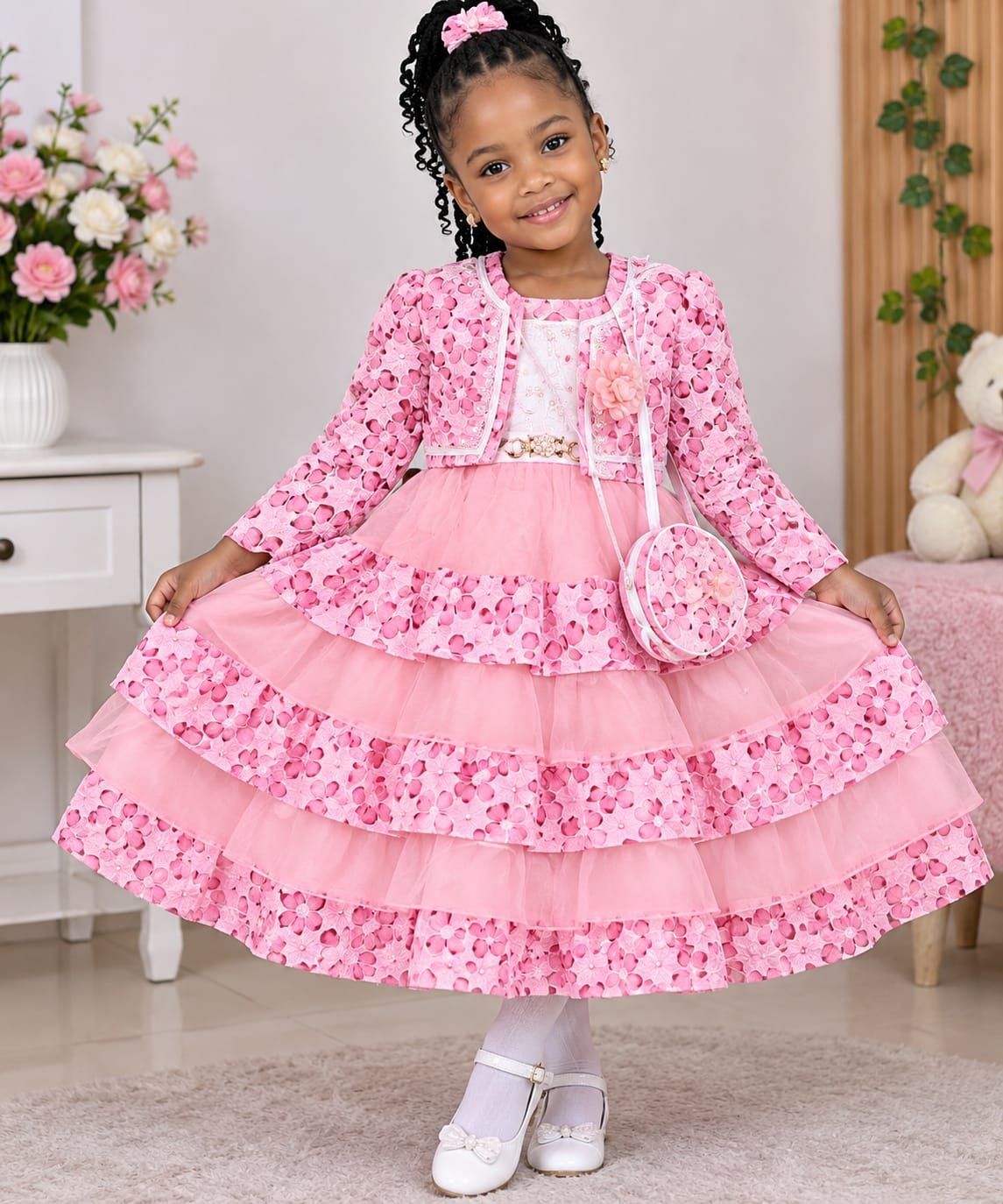 Girls' Tiered Tulle Party Dress with Matching Jacket (5 Colours)