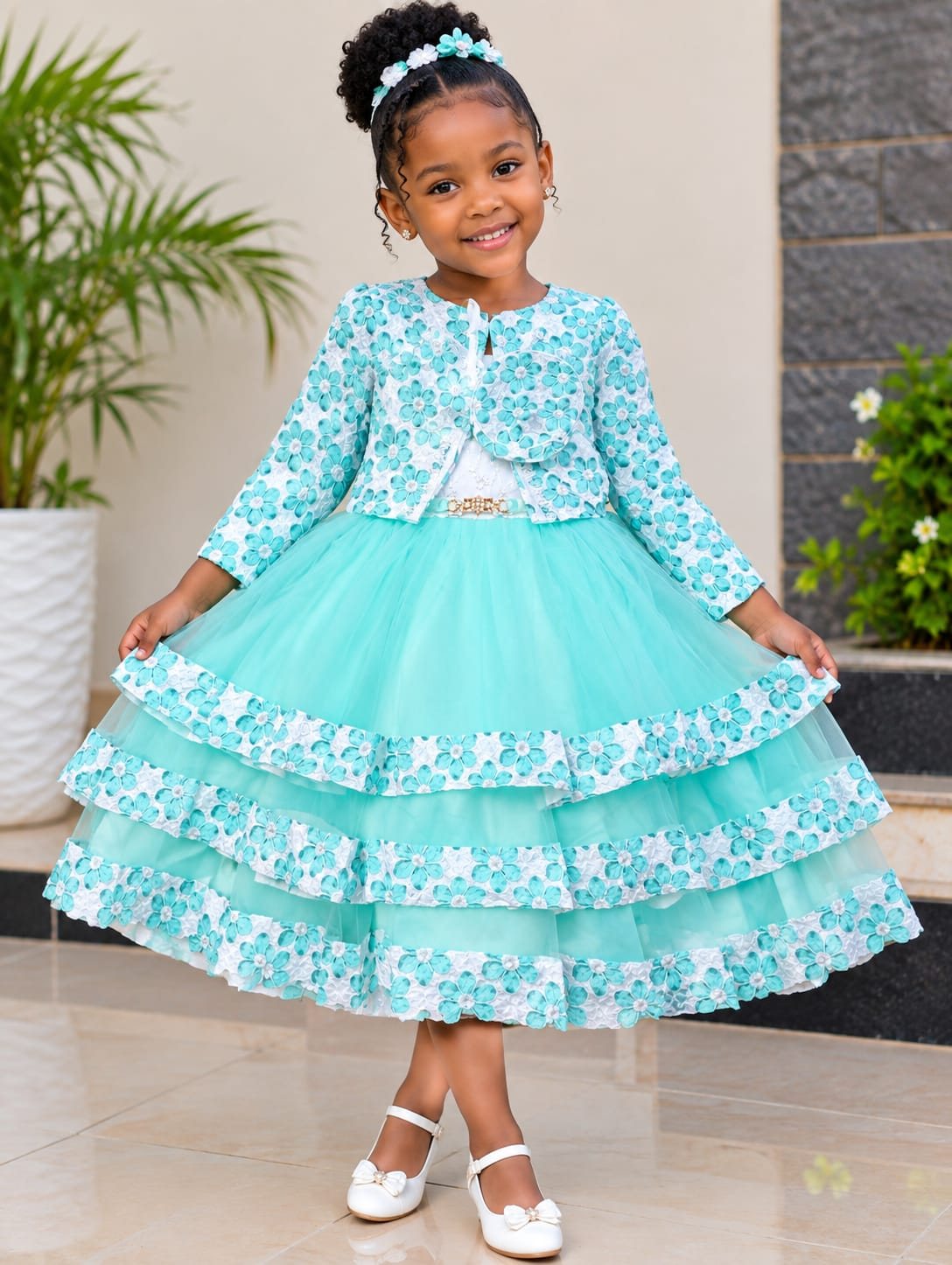 Girls' Tiered Tulle Party Dress with Matching Jacket (5 Colours)