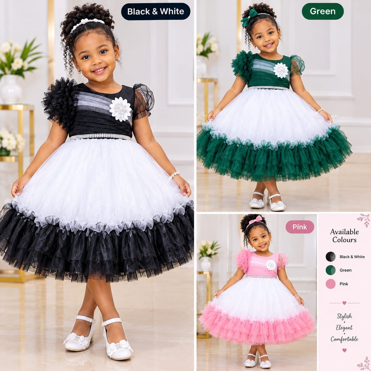 Girls' Two-Tone Tulle Party Dress with Ruffle Flower Shoulder (3 Colours)