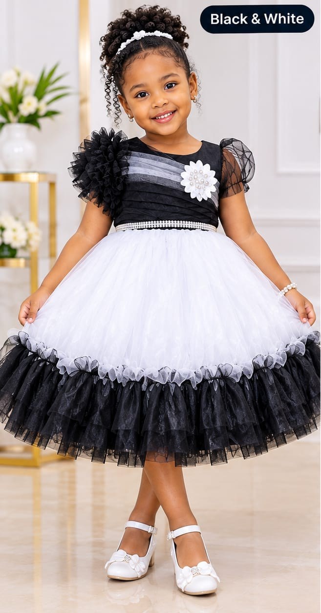 Girls' Two-Tone Tulle Party Dress with Ruffle Flower Shoulder (3 Colours)