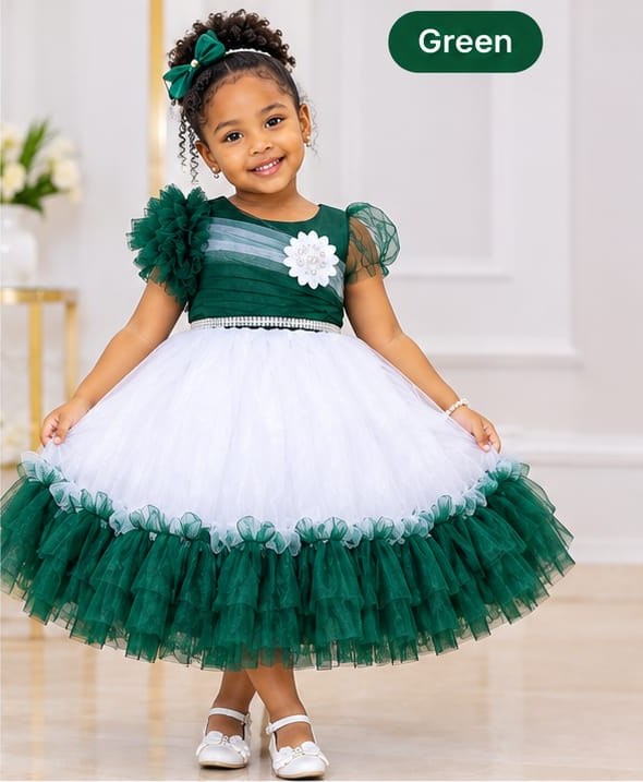Girls' Two-Tone Tulle Party Dress with Ruffle Flower Shoulder (3 Colours)