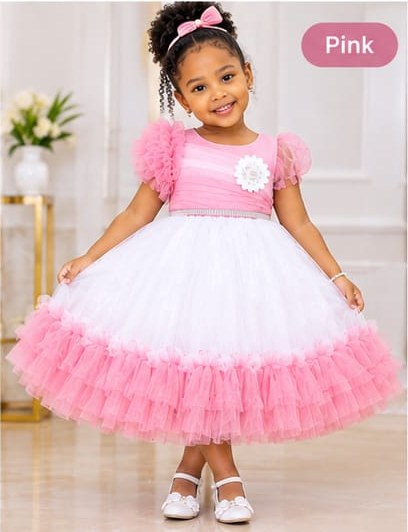 Girls' Two-Tone Tulle Party Dress with Ruffle Flower Shoulder (3 Colours)