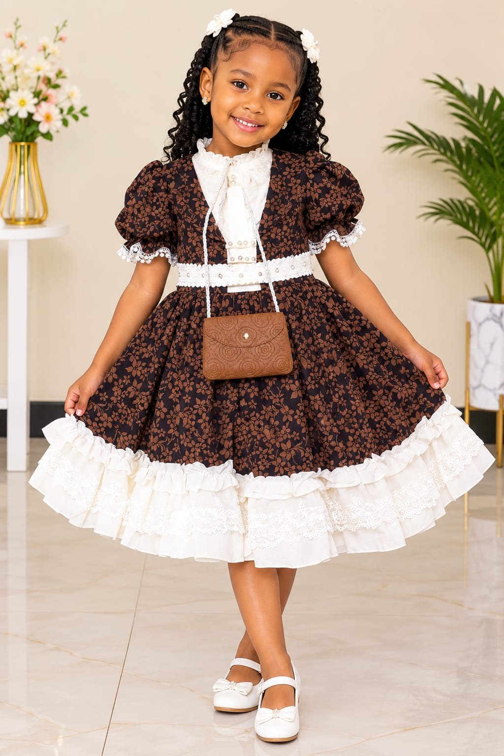 Girls' Vintage Floral Dress with Lace Ruffle Hem & Mini Bag (6 Colours)
