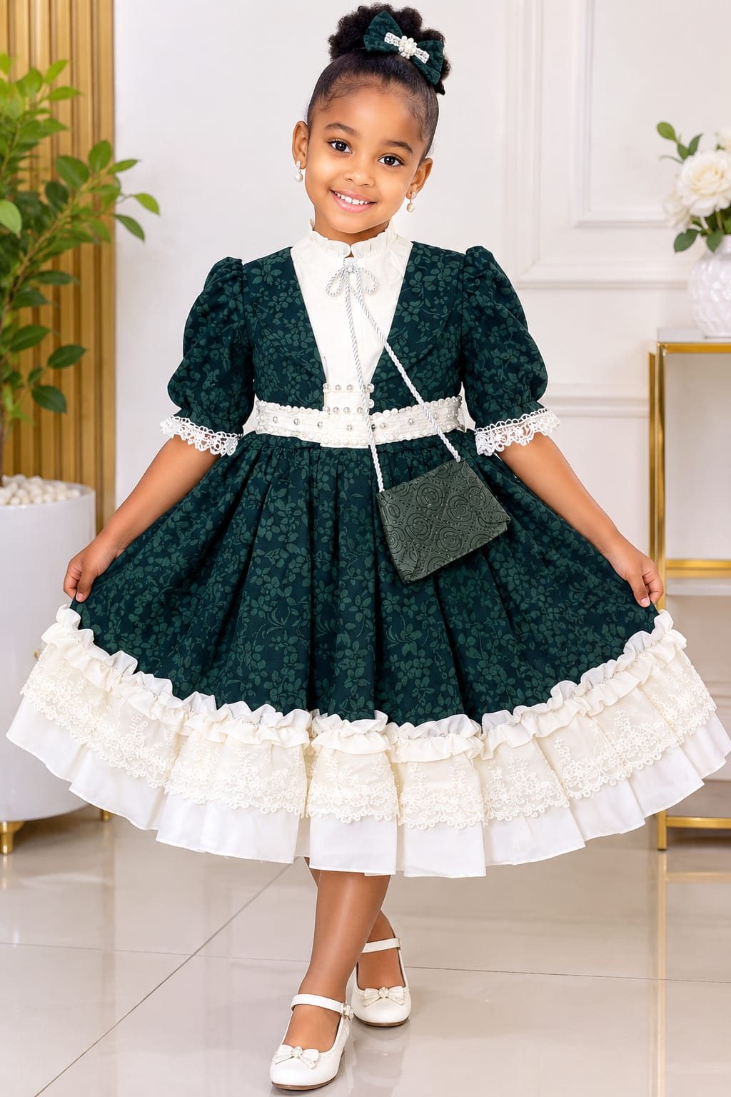 Girls' Vintage Floral Dress with Lace Ruffle Hem & Mini Bag (6 Colours)