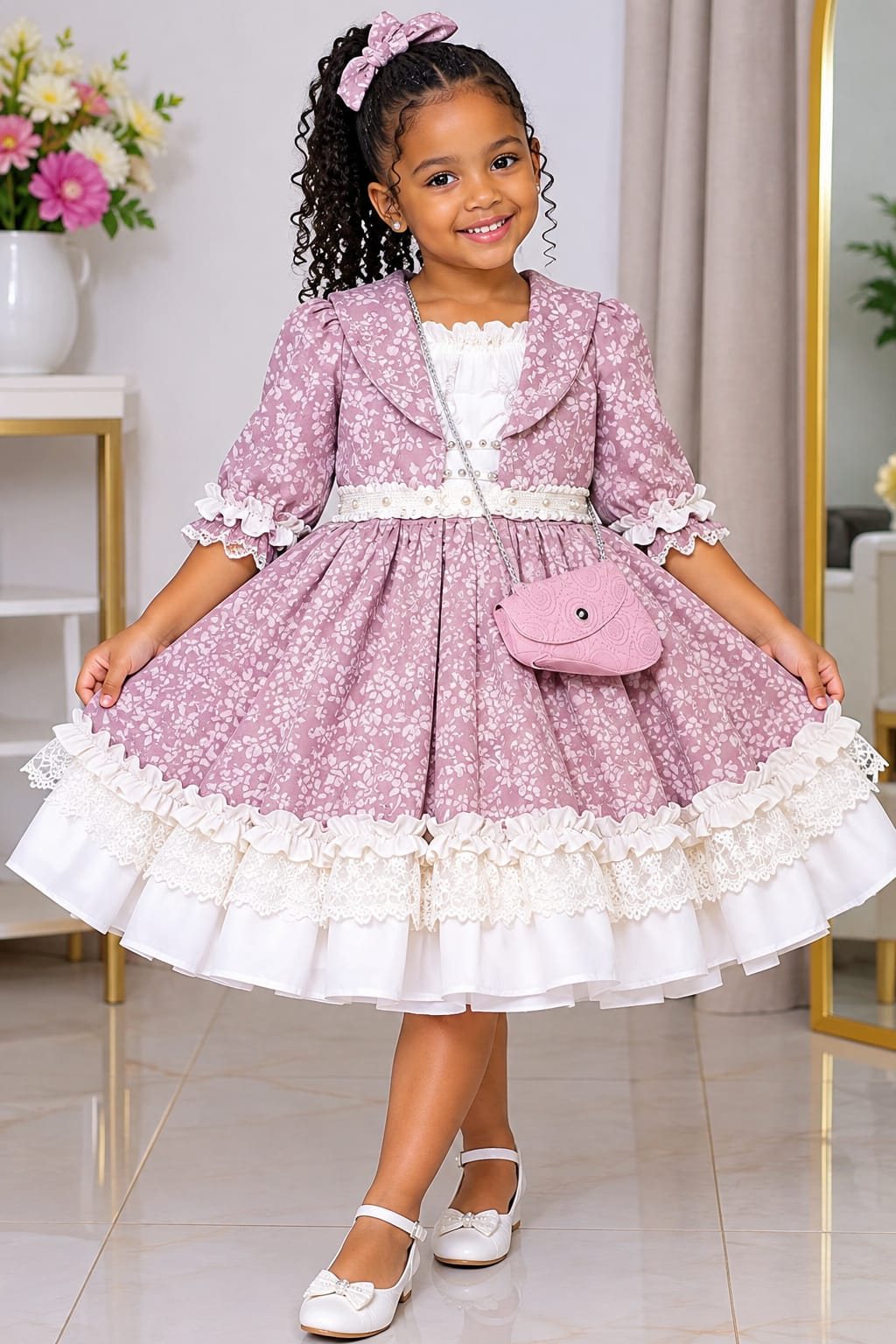 Girls' Vintage Floral Dress with Lace Ruffle Hem & Mini Bag (6 Colours)