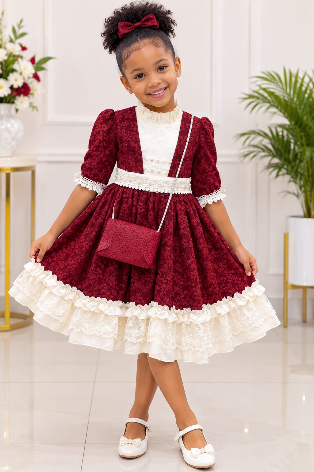 Girls' Vintage Floral Dress with Lace Ruffle Hem & Mini Bag (6 Colours)