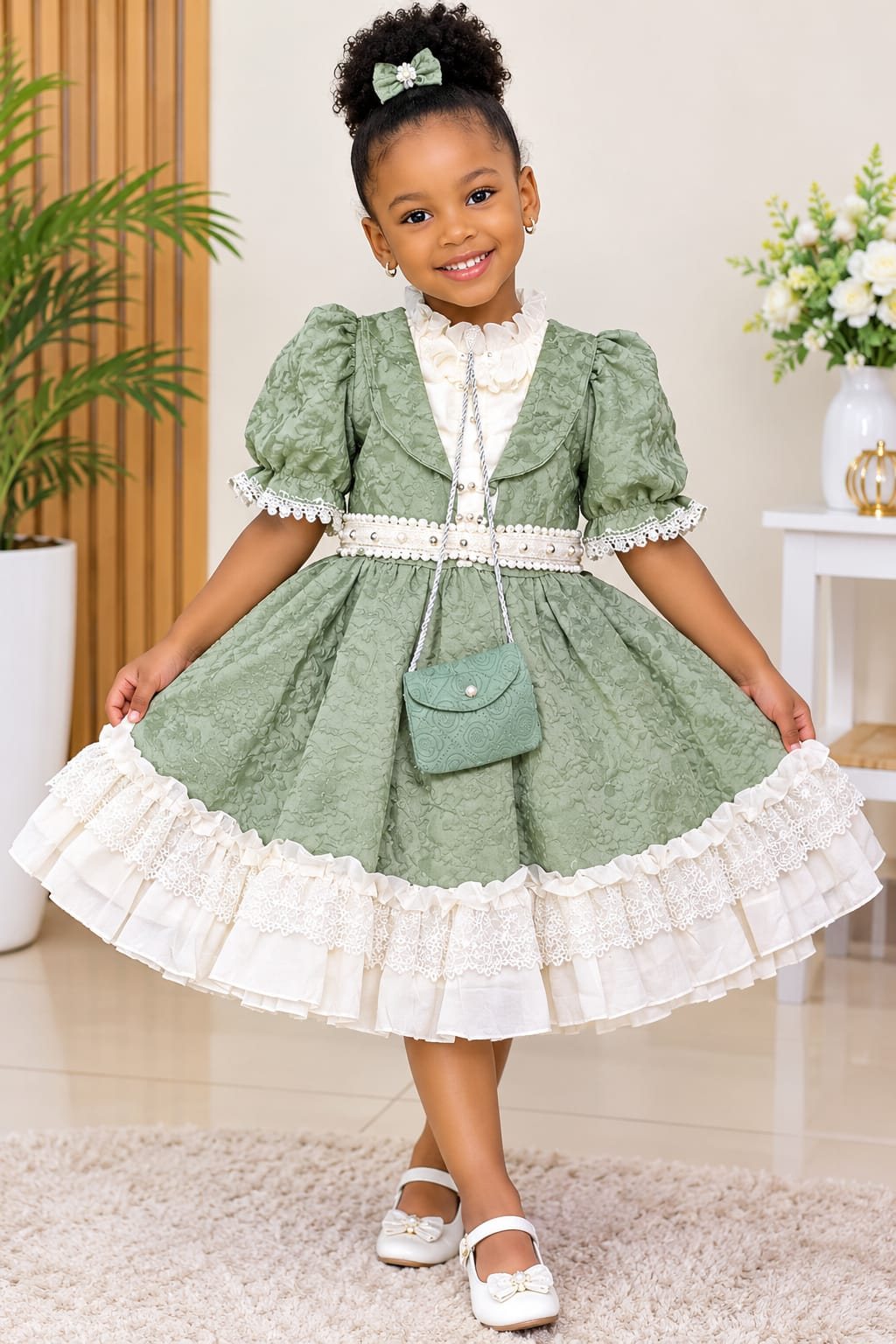 Girls' Vintage Floral Dress with Lace Ruffle Hem & Mini Bag (6 Colours)