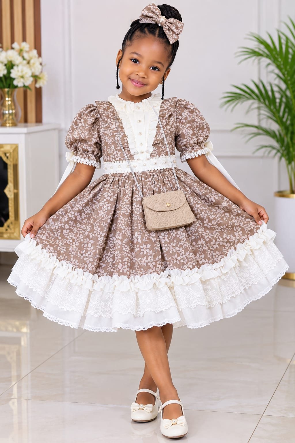 Girls' Vintage Floral Dress with Lace Ruffle Hem & Mini Bag (6 Colours)
