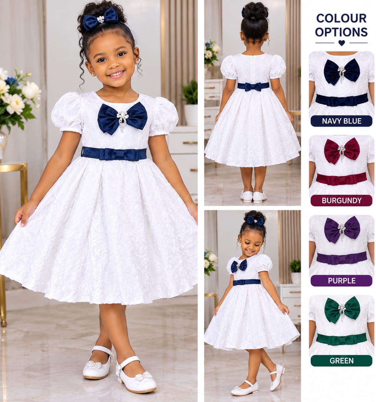 Girls' White Balloon Dress with Satin Bow & Belt (4 Bow Colours)
