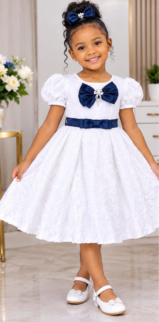 Girls' White Balloon Dress with Satin Bow & Belt (4 Bow Colours)