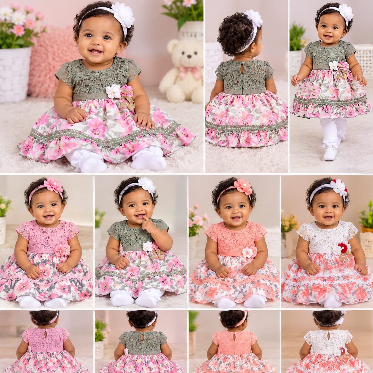 Newborn Baby Girl Lace-Top Floral Dress, Size 70–100 (4 Colours)